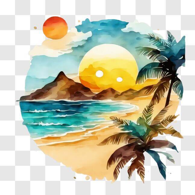 Download Watercolor Beach Painting with Palm Trees and Sunset PNG ...