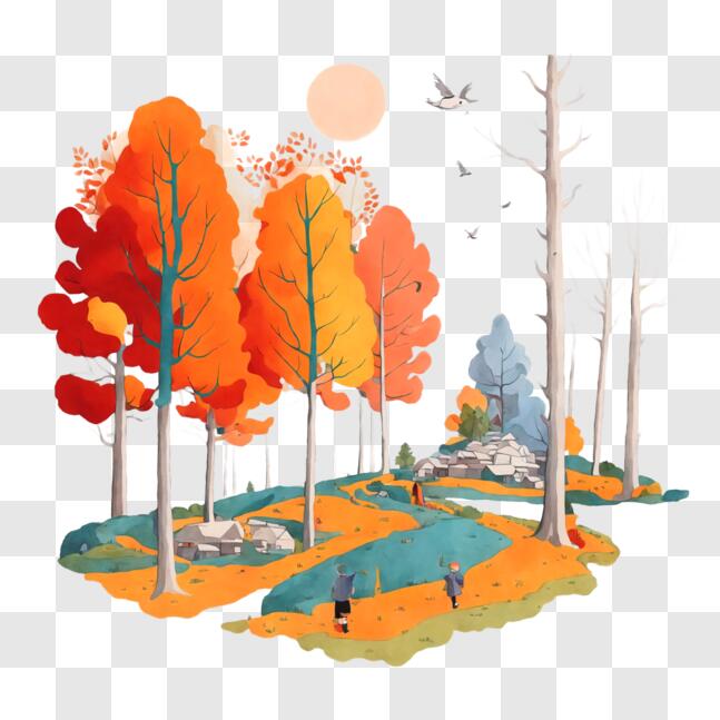 Download Colorful Autumn Trees in a Wooded Area Illustration PNG Online ...