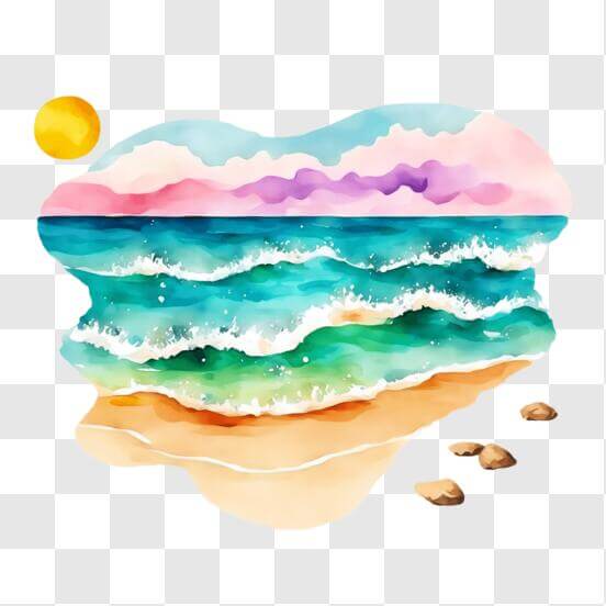 Download Watercolor Beach Painting with Palm Trees and Sunset PNG