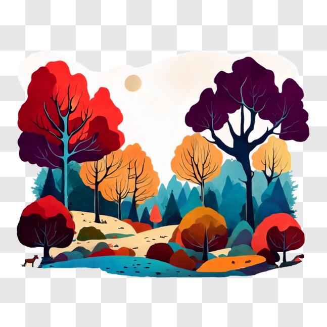 Download Illustration of Colorful Forest Landscape with Dog PNG Online ...