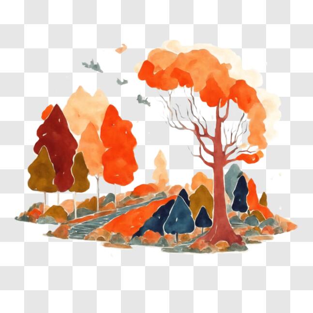 Download Watercolor Painting of Autumn Forest PNG Online - Creative Fabrica