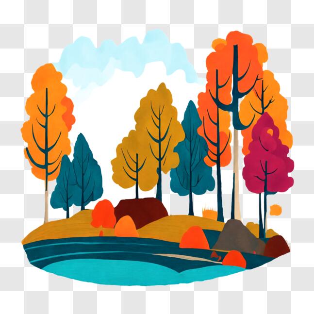 Download Beautiful Forest Landscape with Colorful Trees and Water PNG ...