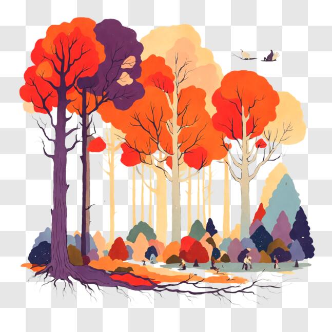 Download Colorful Forest Illustration with Birds and Natural Elements ...