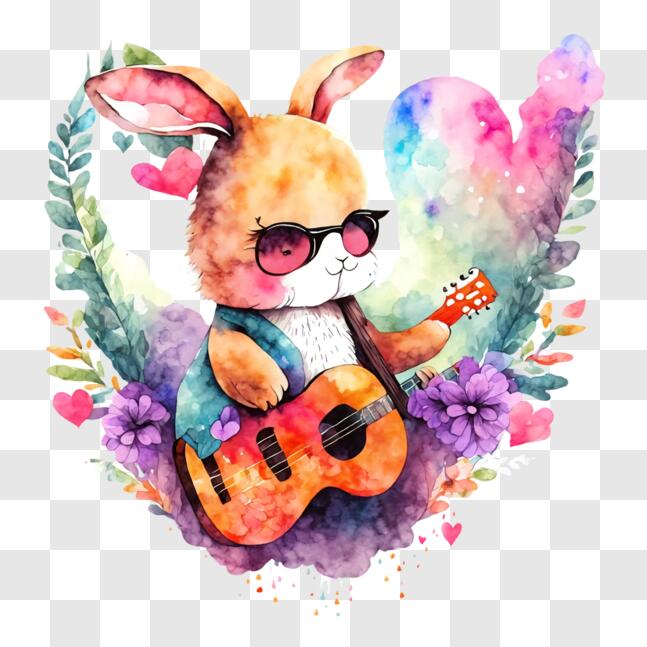 Download Cute Bunny Playing Guitar with Flowers PNGs Online - Creative ...