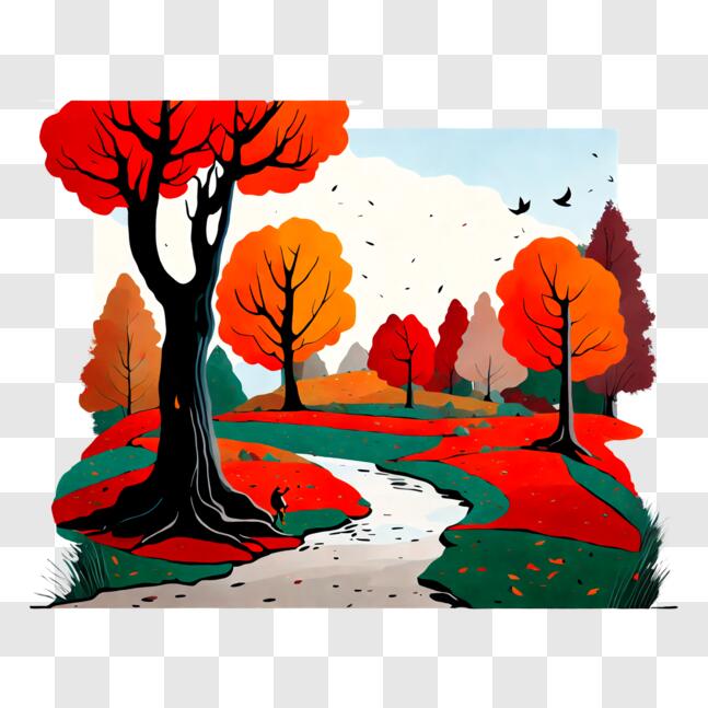 Download Colorful Autumn Landscape with Trees and Stream PNG Online ...