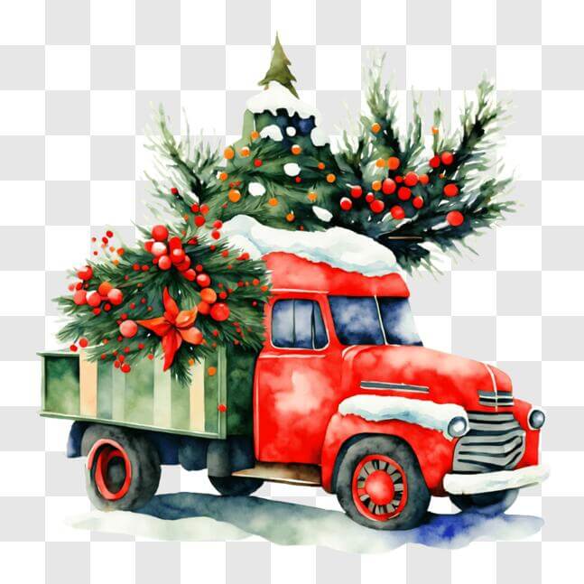 Download Festive Red Truck with Christmas Tree Decorations PNG Online ...