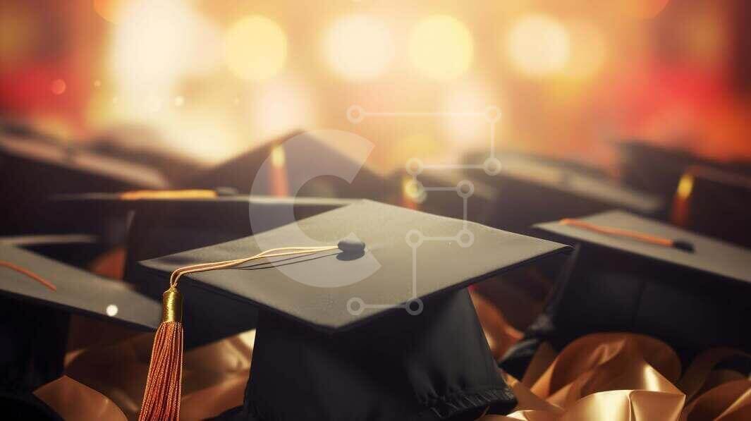 Celebrating Graduation with Stack of Black Hats and Gold Tassels stock