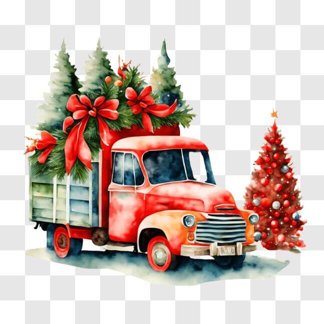 Download Festive Red Truck with Wreaths and Christmas Trees PNG Online ...