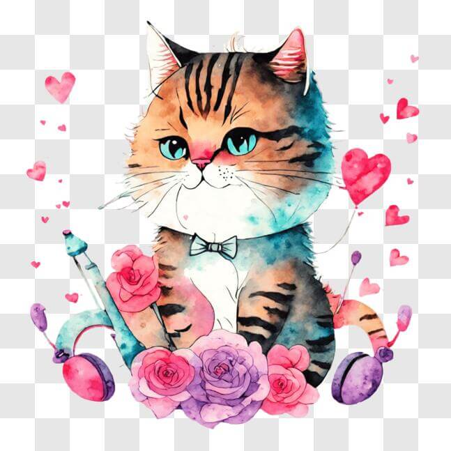 Download Cartoon Cat Enjoying Music Amongst Roses and Musical ...