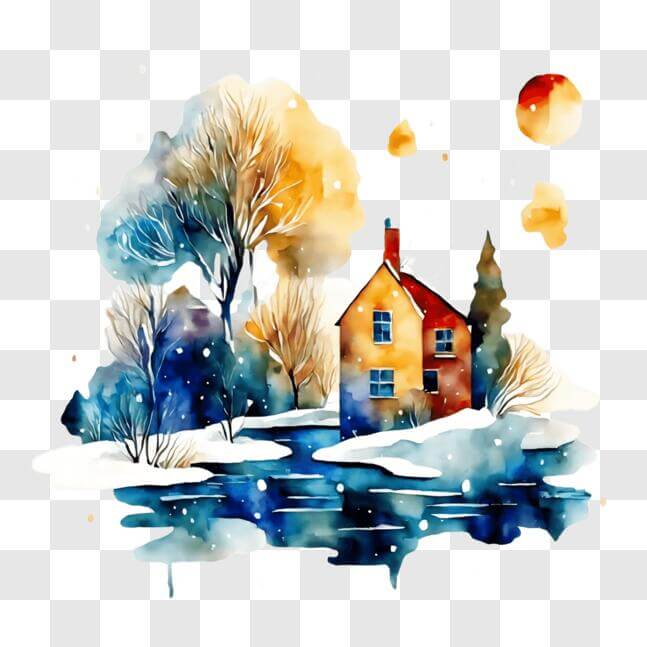 Download Idyllic Winter Scene Watercolor Painting PNG Online - Creative ...