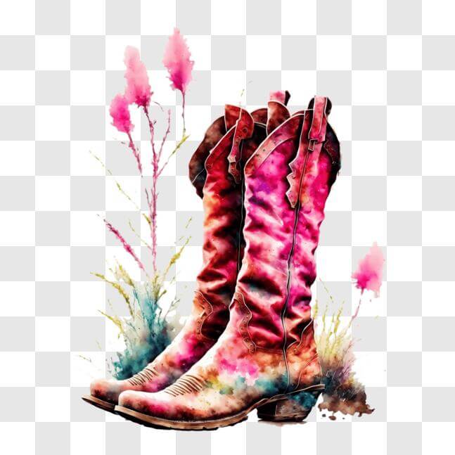 Download Artistic Pink Cowboy Boots in the Grass PNG Online - Creative