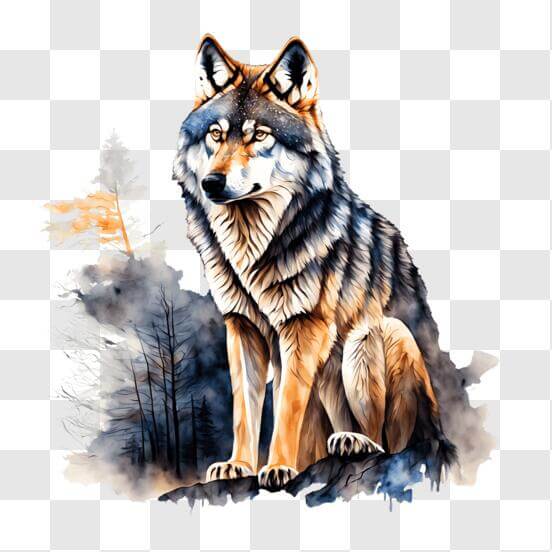 Download Colorful Wolf Painting with Trees and Mountains PNGs Online ...