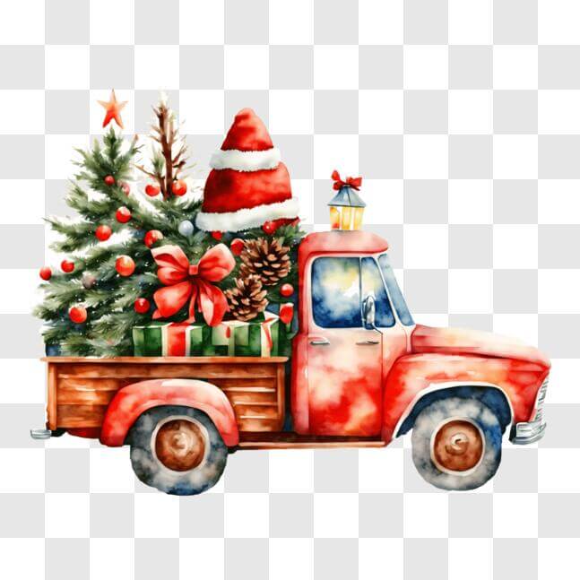 Download Festive Red Truck with Christmas Tree and Decorations PNG ...