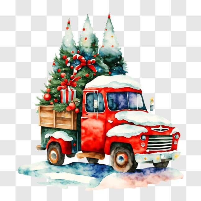 Download Festive Red Christmas Truck with Snowy Background PNG Online ...