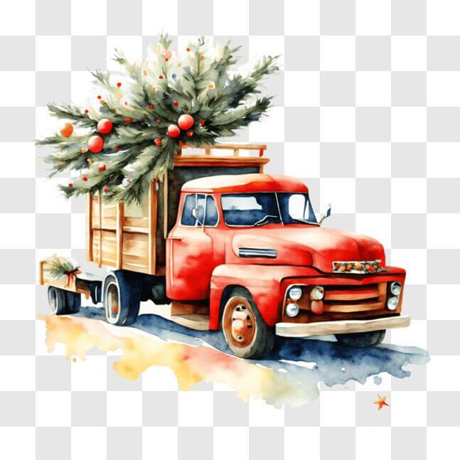 Download Red Truck Transporting Christmas Tree PNG Online - Creative ...