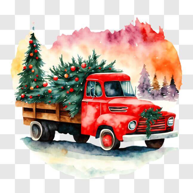 Download Festive Red Truck with Ornamented Christmas Tree PNG Online ...