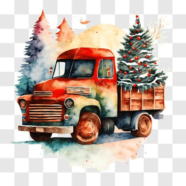 Download Vintage Christmas Truck with Watercolor Painting PNG Online ...