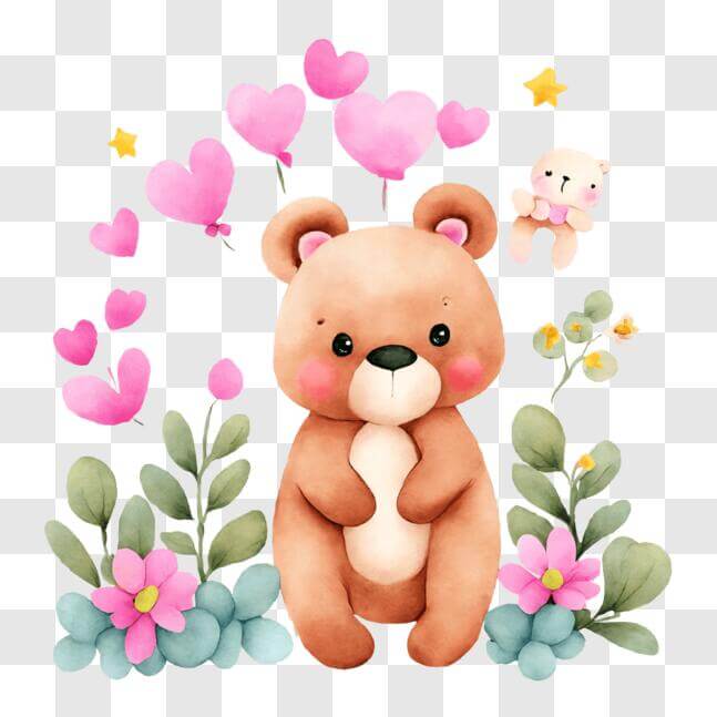 Download Brown Teddy Bear with Pink Balloons and Heart-shaped Stickers ...
