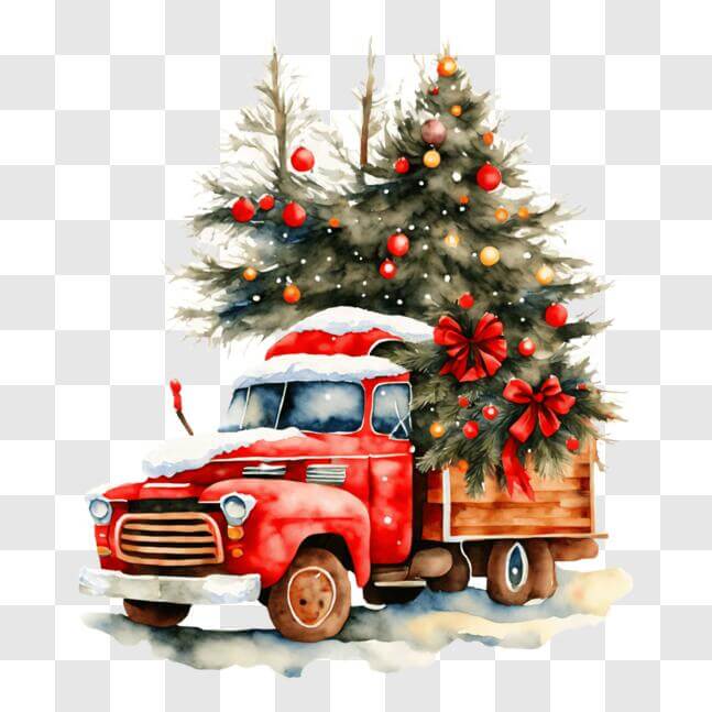 Download Festive Red Truck with Christmas Tree and Snow PNG Online ...