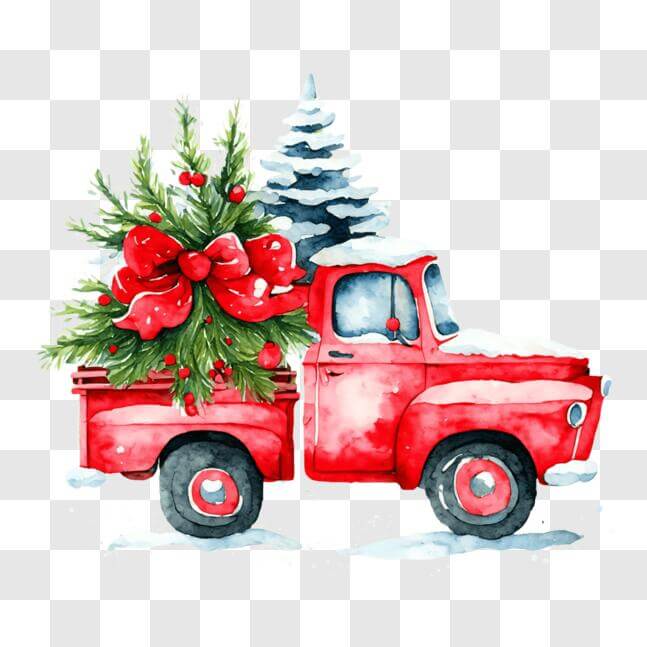 Download Red Truck with Christmas Tree PNG Online - Creative Fabrica