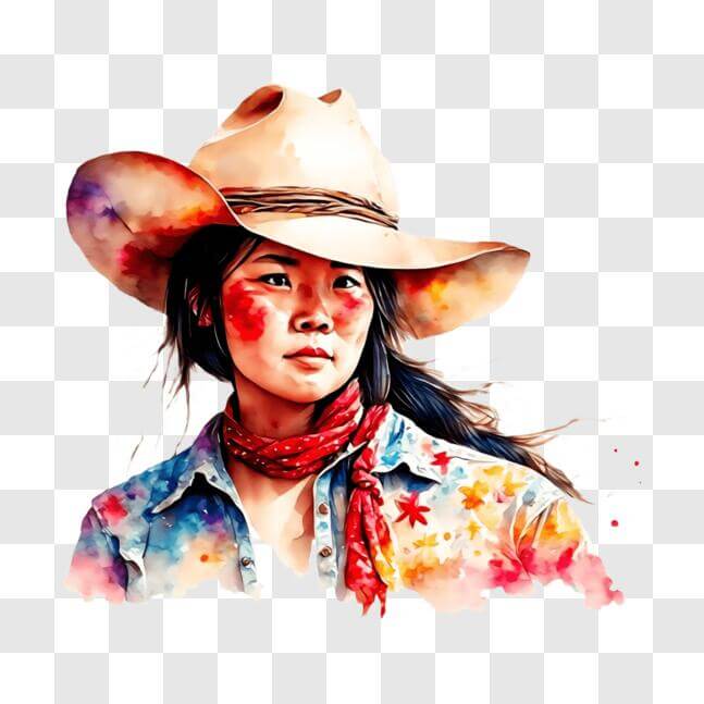 Download Watercolor painting of a young woman in a cowboy hat and ...