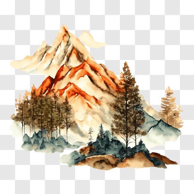 Download Watercolor Mountain Landscape with Trees and Clouds PNG Online ...