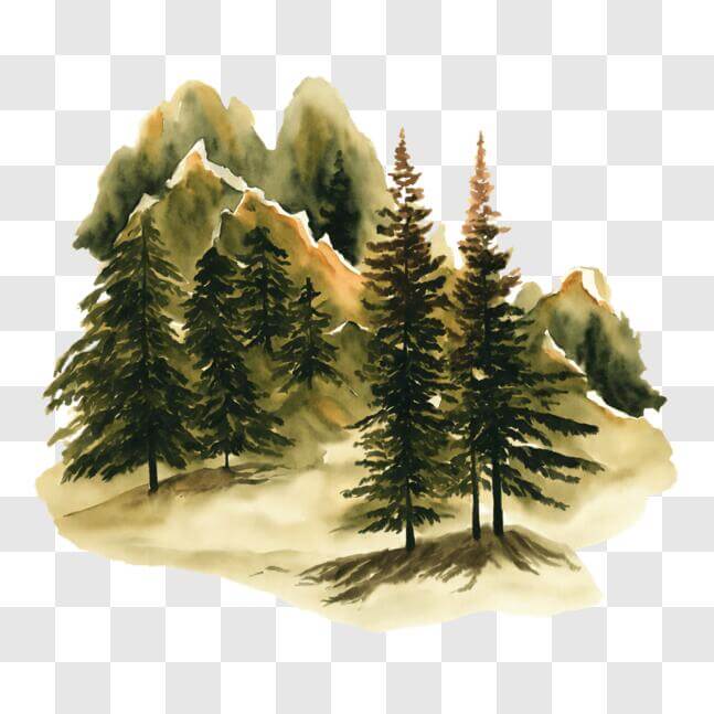 Download Idyllic Forest with Pine Trees in Snowy Mountains - Watercolor ...