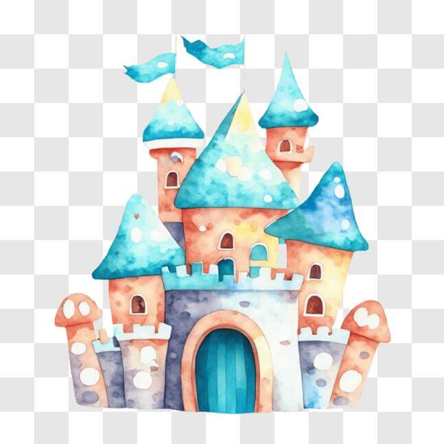 Download Watercolor Castle with Blue and White Towers and Flags PNGs ...