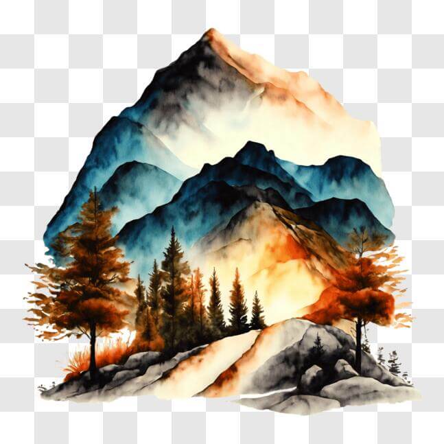 Download Watercolor Landscape with Mountains and Sunset PNG Online ...