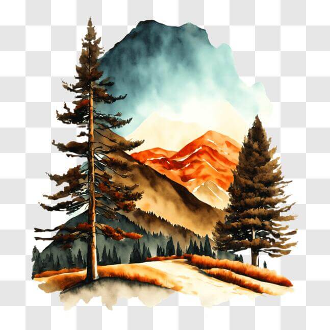 Download Watercolor Landscape Painting with Mountains, Trees, and Road ...