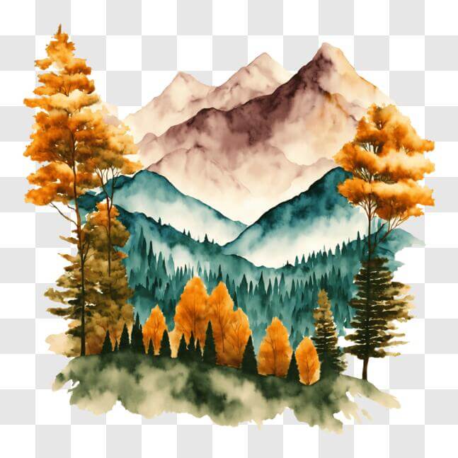 Download Autumn Watercolor Painting of Mountains, Trees, and Waterfalls ...