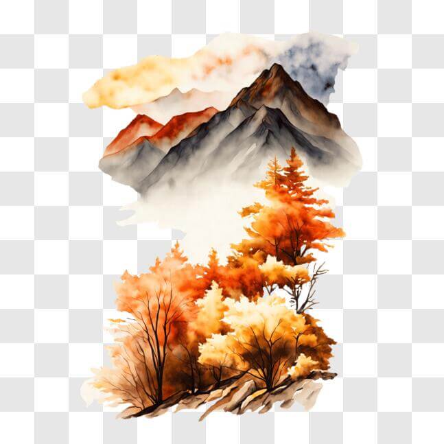 Download Beautiful Autumn Watercolor Painting of Mountains and Trees ...