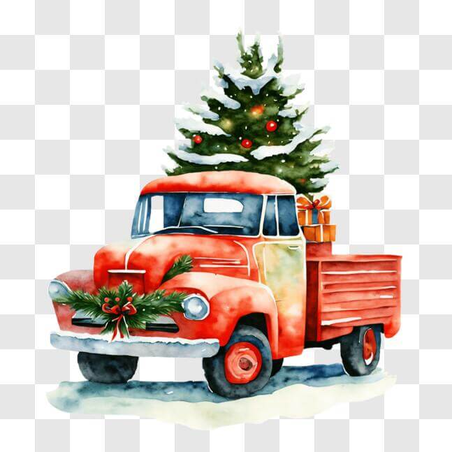 Download Vintage Truck with Christmas Tree Watercolor Painting PNG ...