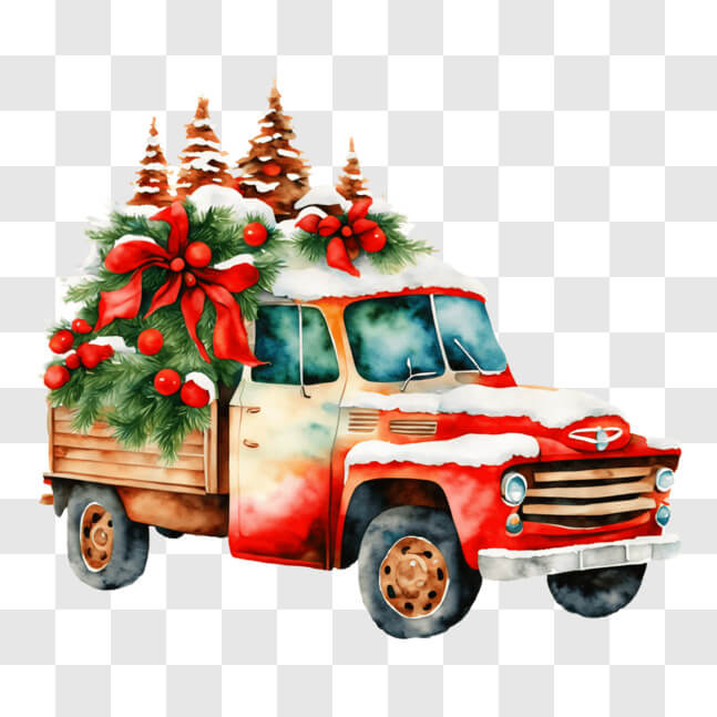 Download Festive Christmas Truck with Tree Decorations PNG Online ...