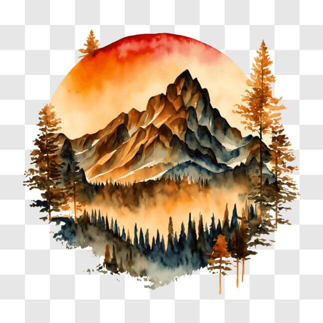 Download Watercolor painting of sunset mountains and trees PNG Online ...