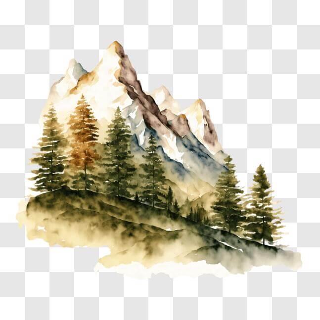 Download Watercolor Landscape Painting of Mountains and Trees PNG ...