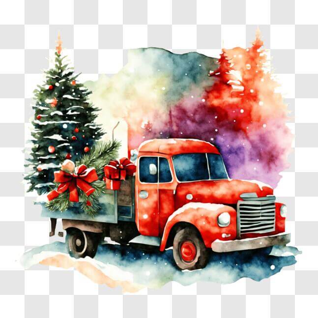 Download Red Christmas Truck Delivering Gifts in Snowy Landscape PNG ...