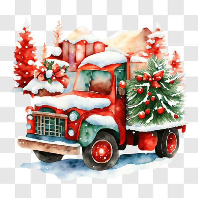 Download Festive Holiday Red Truck with Christmas Tree and Snow PNG ...