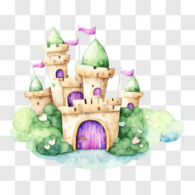 Download Watercolor Castle surrounded by Green Grass and Trees PNG ...