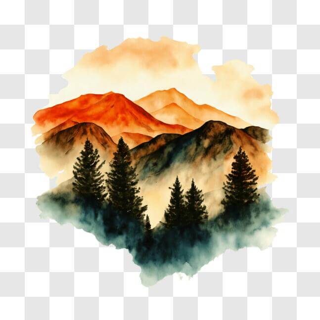 Download Watercolor Landscape Painting with Mountains and Trees PNG ...