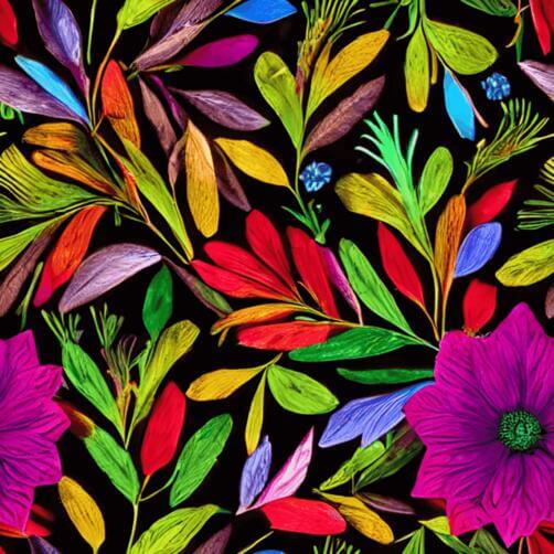 Colorful Flower and Leaf Seamless Pattern on Black Background Colorful Flower and Leaf Seamless Pattern on Black Background thumbnail