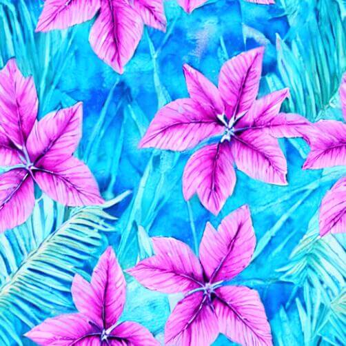 Seamless Pattern of Pink Flowers and Palm Leaves on Blue Background Seamless Pattern of Pink Flowers and Palm Leaves on Blue Background thumbnail
