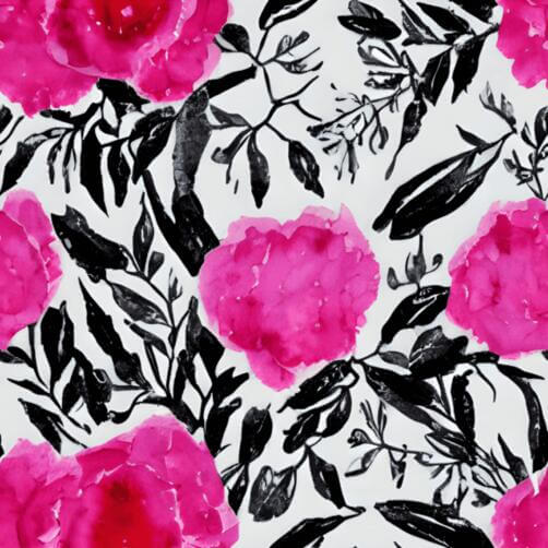 Pink Floral Pattern with Black and White Leaves on White Background Pink Floral Pattern with Black and White Leaves on White Background thumbnail