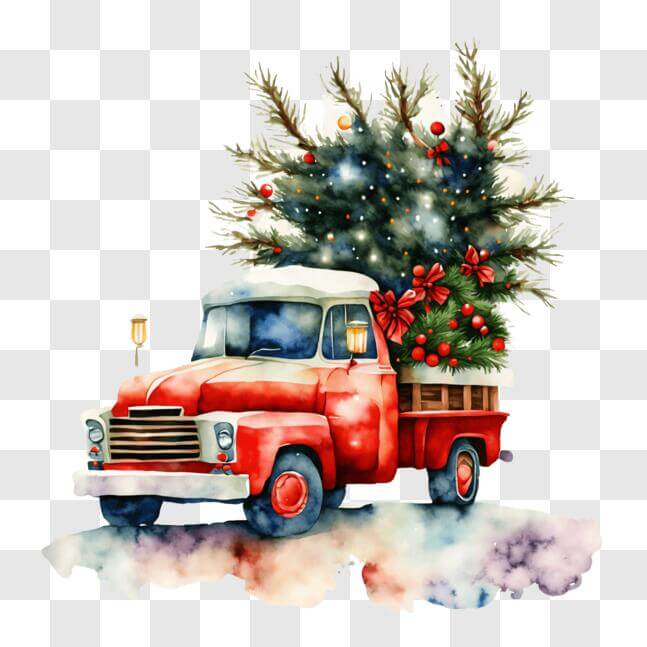Download Decorated Red Truck with Christmas Tree PNG Online - Creative ...