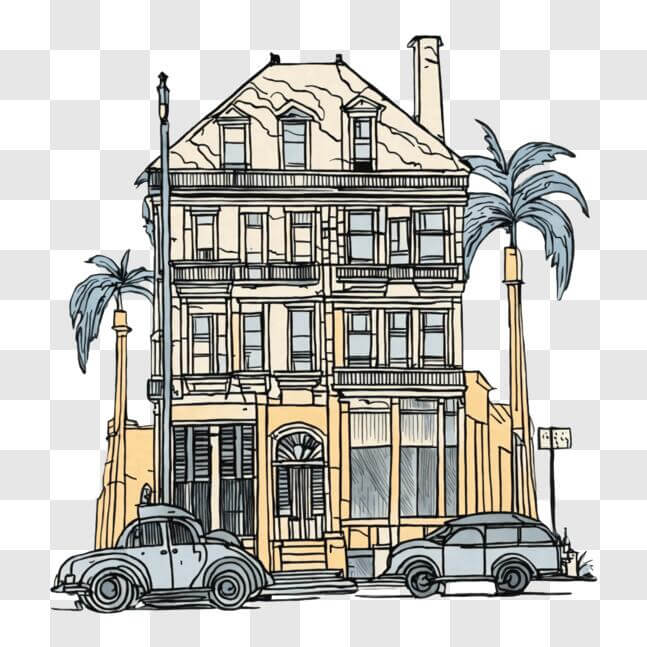 Download Vintage scene of an old building with parked cars PNGs Online ...
