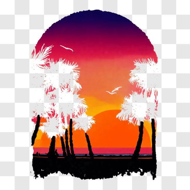 Download Scenic Sunset at the Beach with Palm Trees and Seagulls PNG ...