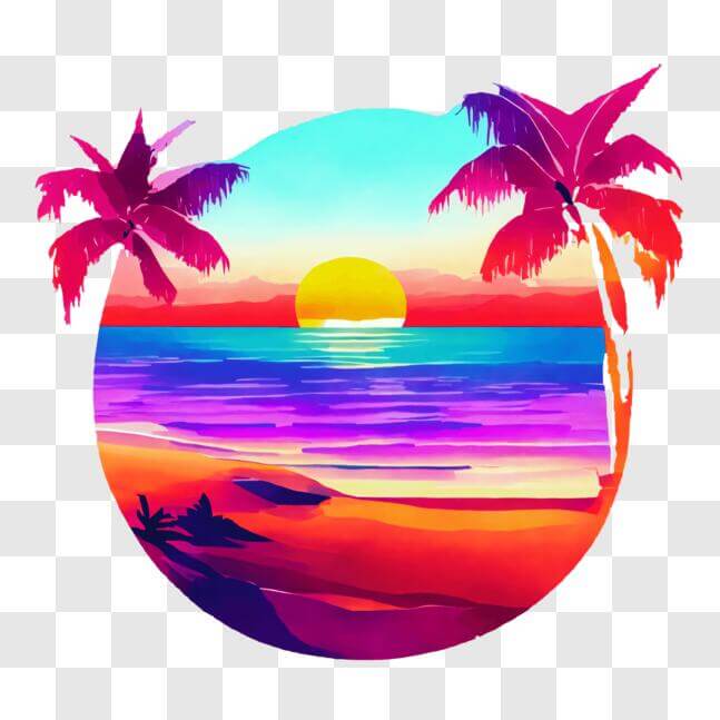 Download Colorful Beach Scene with Palm Trees at Sunset PNG Online ...