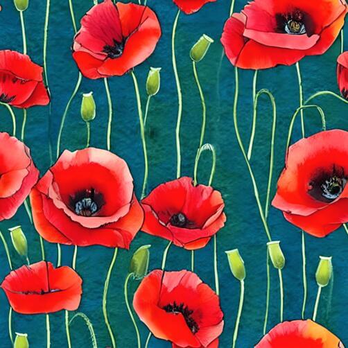 Seamless Pattern of Red Poppies on Teal Background Seamless Pattern of Red Poppies on Teal Background thumbnail