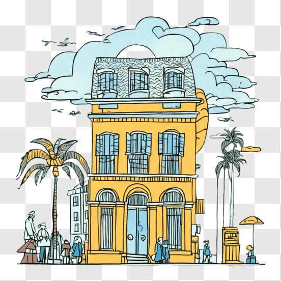 Yellow Building with Palm Trees and People