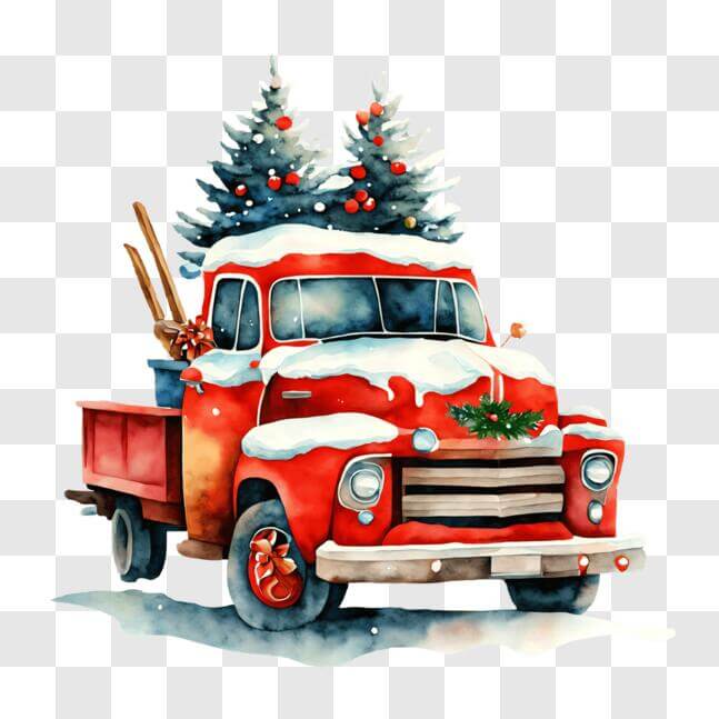 Download Holiday Decorated Red Truck with Snow-Covered Trees PNG Online ...